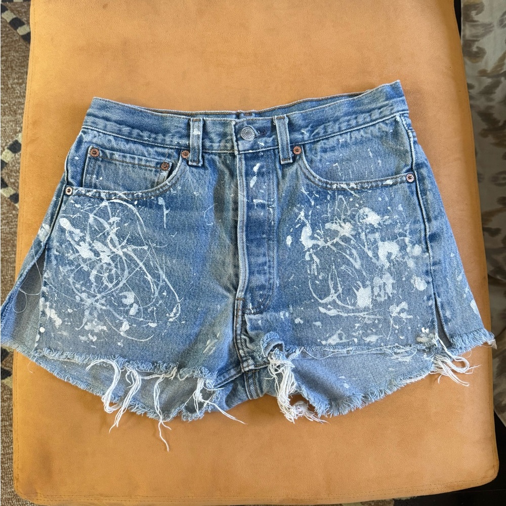 Levi's Blue and White Jean Shorts with Distressed Design